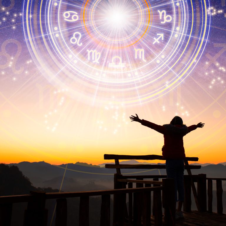 Woman raising hands looking at the sky. Astrological wheel projection, choose a zodiac sign. Trust horoscope future predictions, consulting stars. Power of universe, astrology esoteric concept.